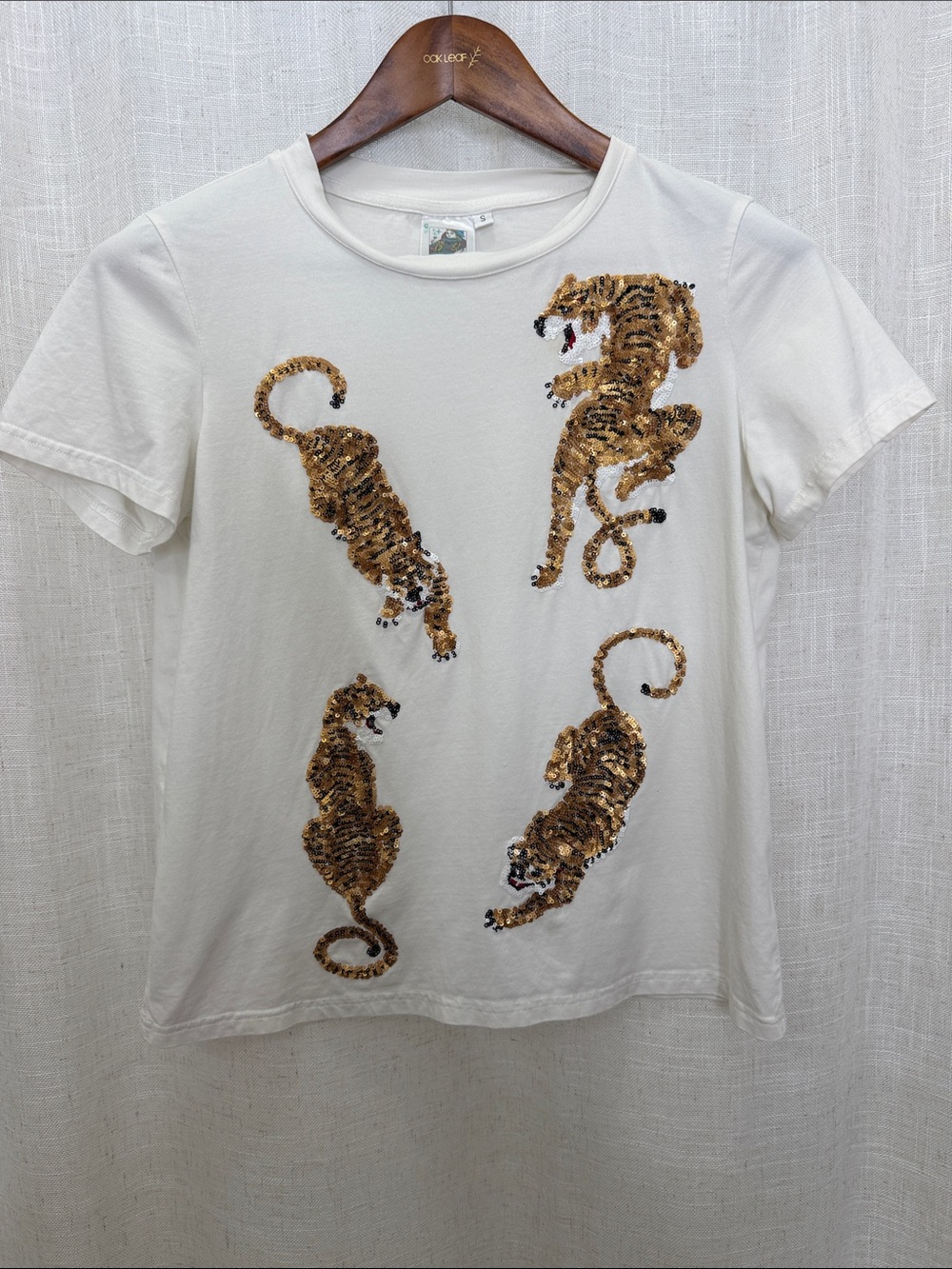 Queen Of Sparkles White Sequin Tiger Tee Size Small Excellent Condition